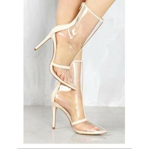 New fashion women boots mid-calf pointed toe stiletto heel perspex panels rear transparent colors Summer boots Black and Nude