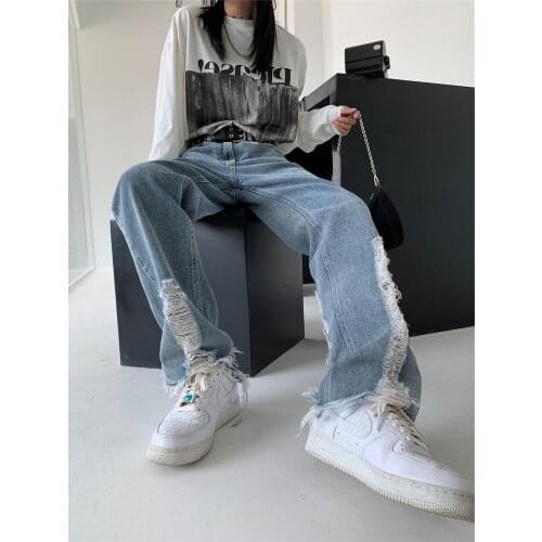 Womens Fashion Ripped Jeans All-Match Casual Loose 2021 New Y2k Trend Streetwear High Waist Wide Leg Jeans Pants