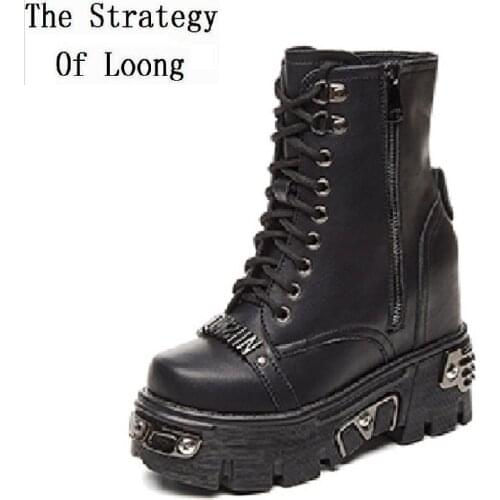 Spring Autumn Height Increasing Platform Metal Decoration Genuine Leather Women Ankle Short Equestrian Boots Winter Plush Botas