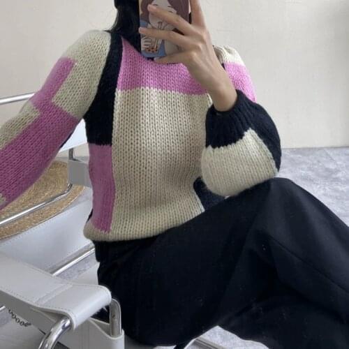 Color Patchwork Women Knit Sweater O-neck Loose Long Sleeve Jumper 2020 New