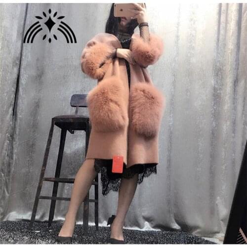 NEW women knitted mink cashmere sweater with big fox fur pocket ladies/girl fashion coat jacket cardigans