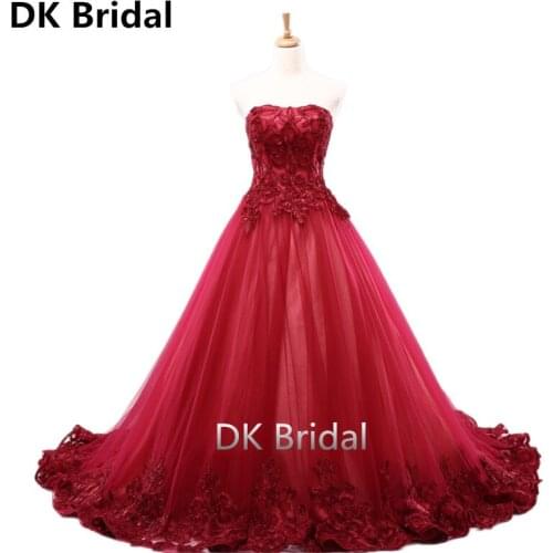 2019 New Sexy Strapless Burgundy Evening Dress Floor Length with Delicate Appliqued Flowers Formal Evening Gown robe de soiree