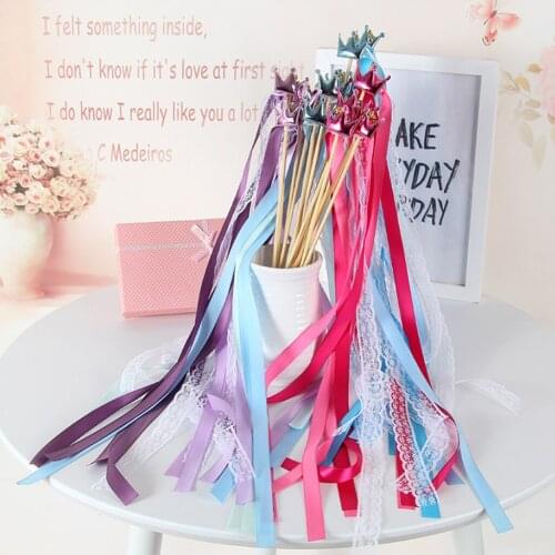 10Pcs Wedding Twirling Streamers Fairy Ribbon Wand Stick With Crown Bell