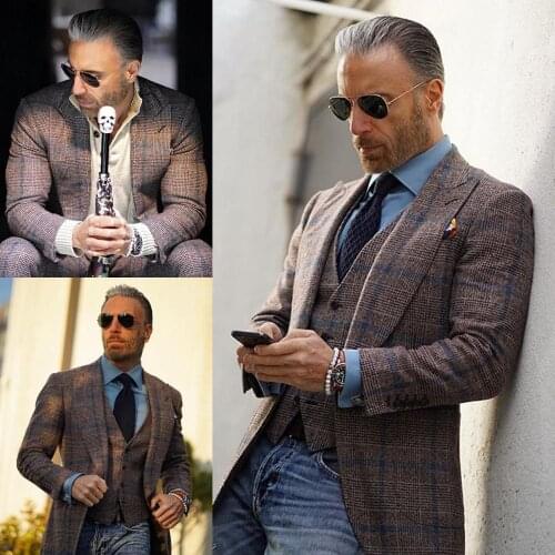 2020 Handsome Mens Suits Wool Blend 3 Piece (Coat+Vest+Pants) Peaked Lapel Terno Masculino Business Suit Slim Fit