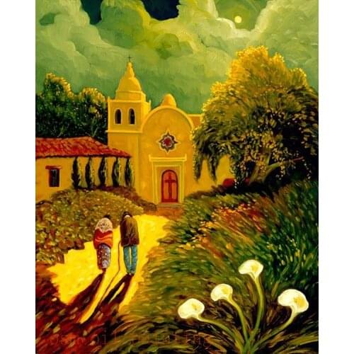 Handmade Abstract Building Landscape Fine Artwork Canvas Picture for Decorative Hand Painted Couple Walk to Church Oil Painting