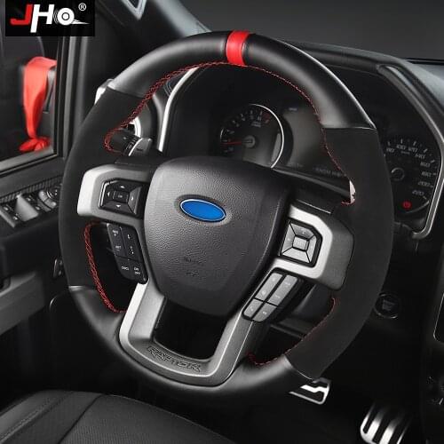 JHO Patchwork Faux Leather Steering Wheel Hand-stitching Wrap Cover For Ford F150 2017-2019 Raptor 2018 Car Accessories