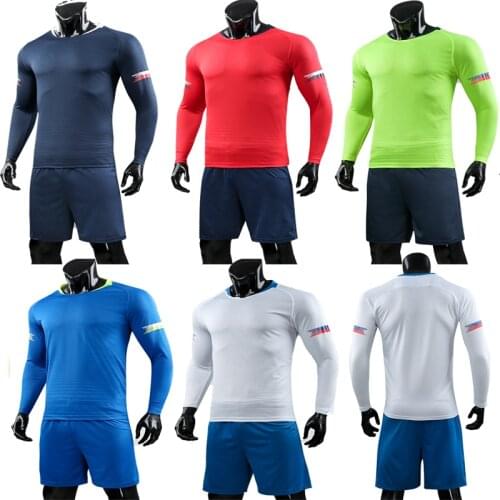 Men long sleeve red soccer jersey set adult football uniform kids soccer shirt boy blue sport jerseys customized name number