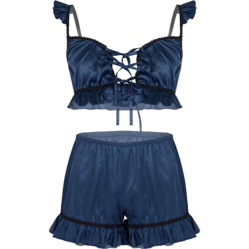 Mens Erotic Lingerie Set Sissy Gay Underwear Nightwear Suits Lace-up Front Ruffled Camisole with Elastic Waistband Undershorts