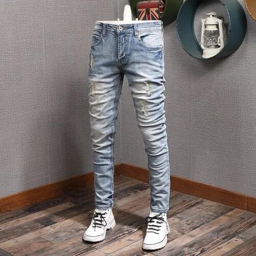 Korean Style Fashion Men Jeans Retro Light Blue Elastic Slim Fit Ripped Jeans Men Embroidery Designer Casual Denim Pencil Pants