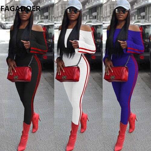 FAGADOER Off Shoulder Fashion Two Piece Sets Stripe Long Sleeve Bodycon Tops+Leegings Pants Sexy Sportswear Suits Outfit 2021