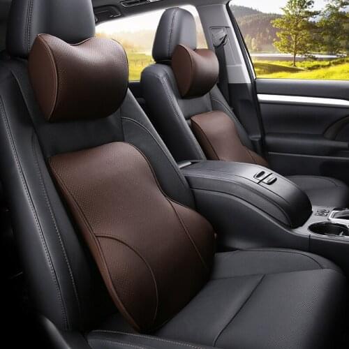 KKYSYELVA Leather Car Neck Pillow Set Memory Foam Auto Headrest Lumbar Seat Supports Cushion Universal Back Pillows Accessories
