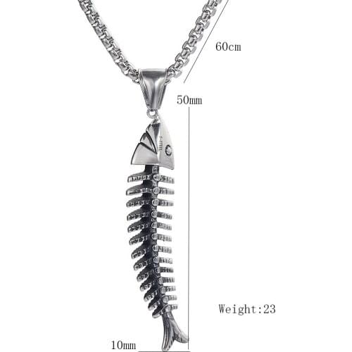 316L Stainless Steel Fish Shape Fishbone Pendant Necklace Hip Hop Gothic Style Male Pendant Necklace Punk Boho Jewelry