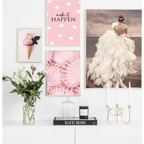 Fashion Poster Woman in White Dress Canvas Painting Wall Art Print Pink Flower Picture For Living Room On The Wall Home Decor
