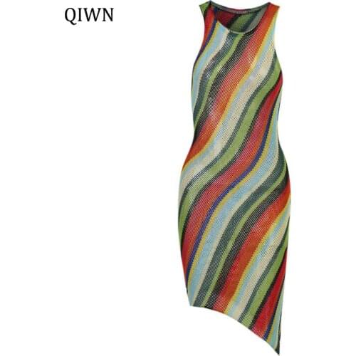Striped Sexy Dress Women Summer Autumn Sleeveless Casual Knitted Color Tight Asymmetric Mini Dress Beach Street Fashion Female