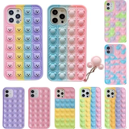 Fashion Rainbow Relive Stress Bubble Phone Case for Iphone 6 7 8 Plus X XR XS Max 11 12 Pro Max SE 2020 Cute Bear Silicone Cover