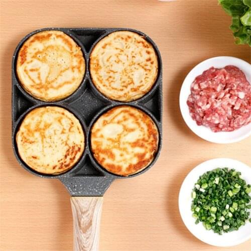 Four-hole Frying Pot Pan Non-stick Egg Pancake Steak Pans Thickened Omelet Cooking Ham Breakfast Maker Wooden Handle Cookware