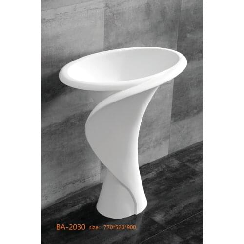 Unique Desin Solid Surface Basin Matt White Oval Resin Stone Basin Pedestal Artificial Stone Basin