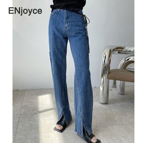 Women Vintage Blue Wide Leg Split Jeans Basic Simple High Waist Trousers Streetwear Loose Straight Denim Pants Spring Summer