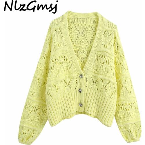 Nlzgmsj Za Women Yellow Hollow Loose Knitted Cardigan Sweater Long Sleeve Beading Button Female Outerwear Chic Tops