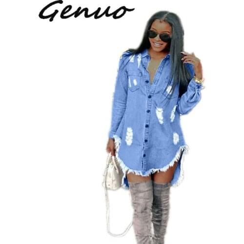 Genuo New Autumn 2019 Casual Fashion Top Design Women Dress Solid Full Sleeve High Street Style Loose Mini Denim Dress