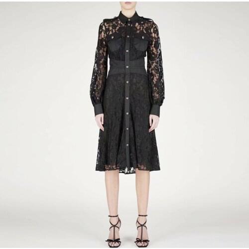 Vintage Black Green Purple Hollow Out Lace Dresses for Women 2021 Autumn Elegant Long Sleeve Pleated Midi Dress Vestidos