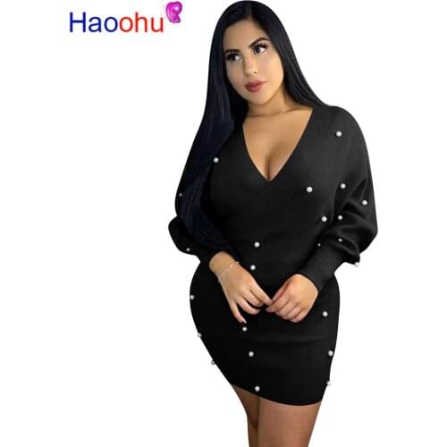 Women Autumn Winter V Neck Long Sleeve Solid Color Pearl Above Knee Dress Fashion Slim Dress Sexy Night Club Wear Dress