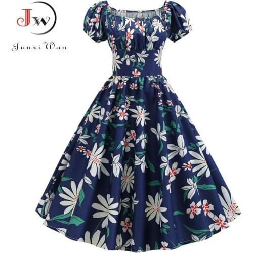 Floral Print Women Summer Dress Puff Sleeve Elegant Party Vestidos Robe Femme Casual Rockabilly Swing Pinup Midi Dresses