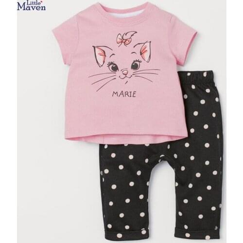 2021 Summer New Fashion Toddler Girl Clothes Casual Cotton Pink Cat Letter Print Children Set Animal T Shirt + Dot Pants 20719