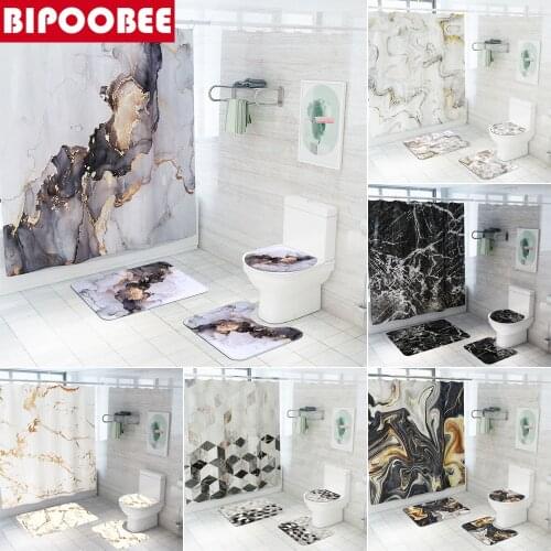 3D Marble Shower Curtain Waterproof Bathroom Curtains Geometric Stripe Bath Mats Set Anti-slip Carpet Toilet Lid Cover Rugs