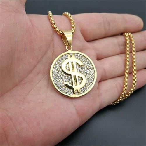 US Dollar Money Pendant Necklace Gold Color Stainless Steel Iced Out Cubic Zircon Necklace Mens Hip Hop Bling Jewelry For Gift