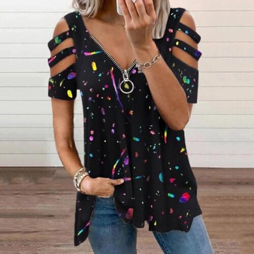 2021 Summer V-Neck Zipper Blouses Women Elegant Printing Hollow Out Pullover Tops Fashion Ladies Casual Loose Blusas Femme