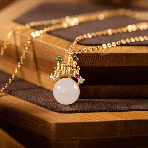Original S925 Sterling Silver Golden Hetian Jade White Jade round Beads Personalized Clavicle Chain Classic Ladies' Pendant Silv