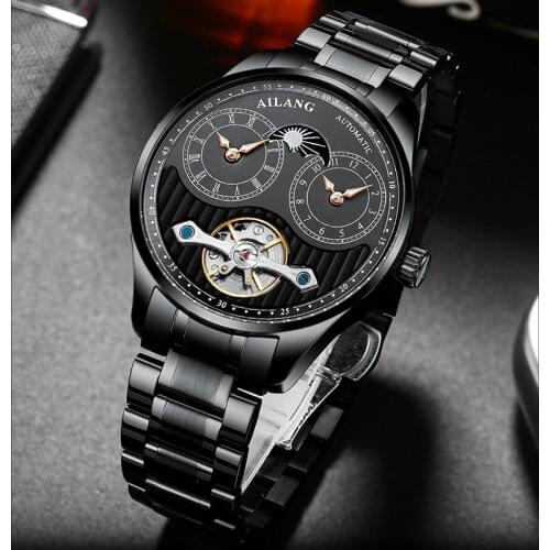AILANG Mens Watch Automatic Mechanical Hollow Watch Calendar Tourbillon Stainless Steel Strap Luminous Waterproof Genuine Watch