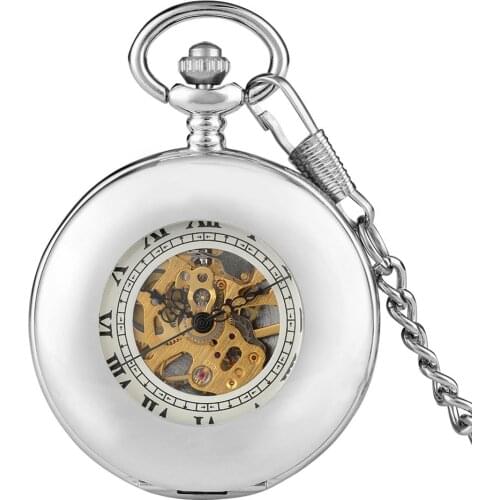Creative Polishing Skeleton Mechanical Pocket Watch Luxury Hand Winding Roman Numerals Retro Skeleton Pendant Clock Chain Gifts