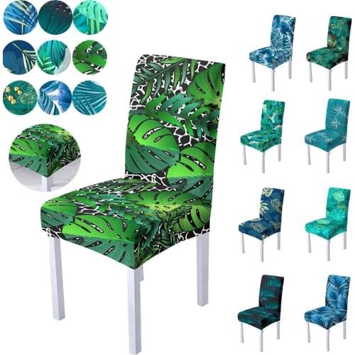 Blue Green Style Tropical Leaf Printed Elastic Chair Cover for Home Dinning Room High Back Chair Anti-Dust Protective Cover