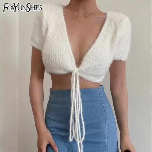 Vintage Short Sleeve Knitted Cardigan Women Sexy V Neck Lace Up Bandage White Crop Tops 2021 Korean Harajuku Kawaii Y2K Clothes
