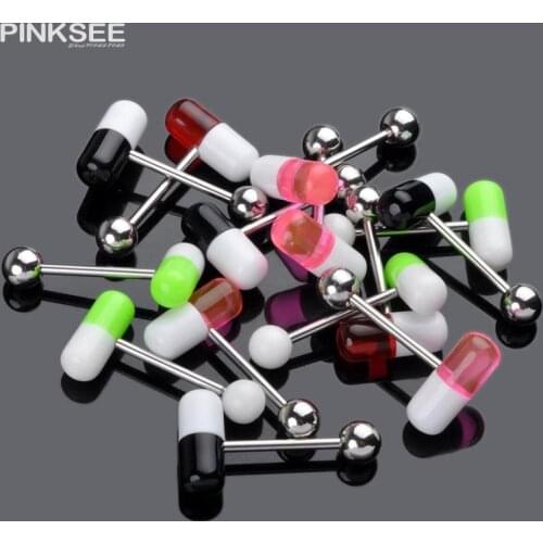 10pcs Stainless Steel Capsule Tongue Ring Barbell Nipple Piercing Ring Acrylic Pill 1.4MM Tragus Helix Ear Piercing Body Jewelry