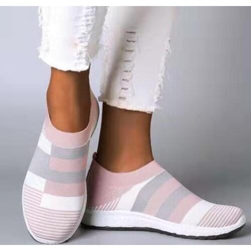 Women Summer Sock Sneakers Striped Slip on Flat Shoes Casual Breathable Knitted Vulcanized Shoes Female Walking Loafers