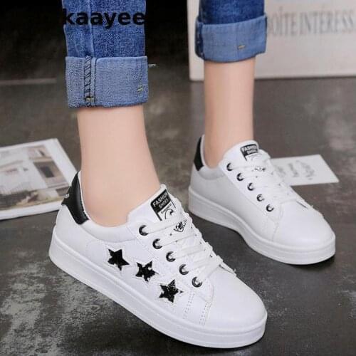 Size 36-40 Women Sneakers Spring Autumn Female Leather Vulcanize Shoes Bling Star Zapatos Lace-Up Thick Bottom White Footwear 25