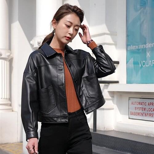Popular Autumn New Fashion Genuine Leather Short Womens Sheepskin Coat Spring High Quality Single Breasted Jacket with Pocket