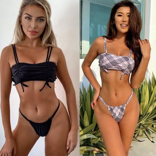 Summer Ladies Split Swimwear Set, Adults Women Fashionable Solid Color/Plaid Lace Up Backless Bikini Swimsuit for Vacation