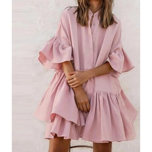 Sweet Cute Solid Color White Pink Female Dress S-3XL Oversized Loose Elegant Autumn Half Sleeve Ruffled Large Size Women Dresses