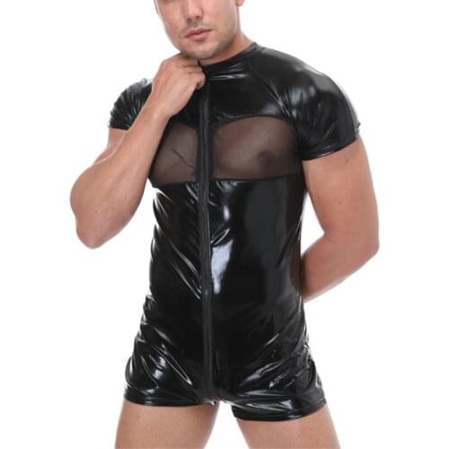 Mens Undershirts Imitation Leather Wetlook Zipper Bodysuits One-piece Leotard Wrestling Singlet Boxers Jumpsuit Dance Clubwear