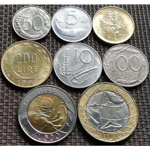 Set 8 pcs Italy 5-10-20-50-100-200-500-1000 lira with fao 100% Real Original Coins Genuine Collection Coins Unc