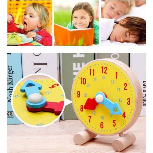 Learn To Tell the Time Preschool Teaching Clock Model Toy Wooden for Kids, Colored Hands