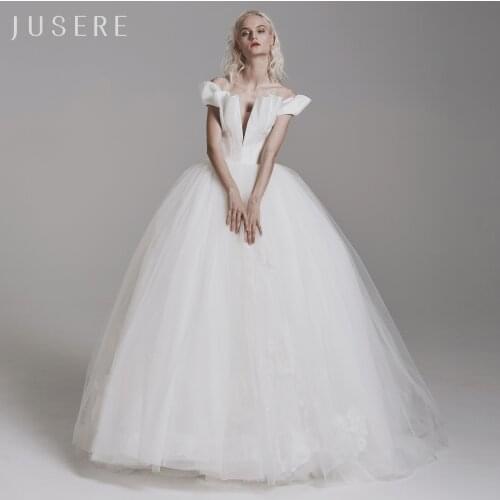 A-line off the shoulder white bridal dress v-neck wedding dress lace up bridal gown with chapel train