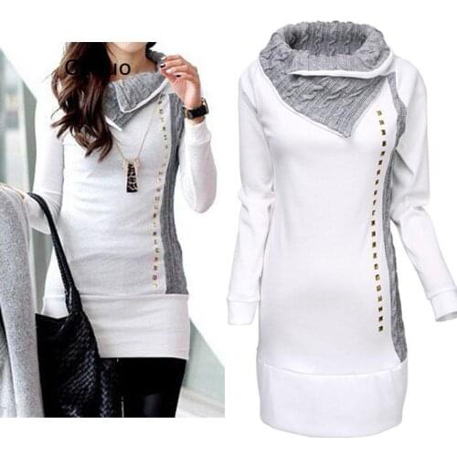 Casual Women Winter Autumn Long Sleeve Pullover Jacket Sweater Coat Hooded Jumper Tops White High Collar Sweaters