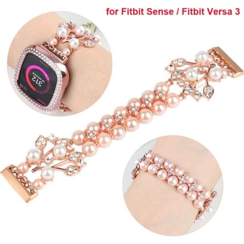 Strap for Fitbit Versa 3 Band & Fitbit Sense Bracelet Replacement Wristband with Luxury Jewelry Pearl Beads Elastic Bling Correa