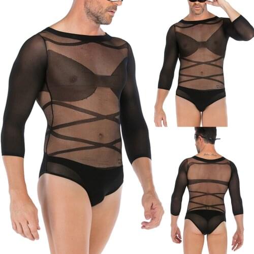 Sexy Mens Lingerie Set Long Sleeve Bodysuit See-through Mesh Exotic Sets Sleepwear Clothing Mens Underwear Erotic Costumes