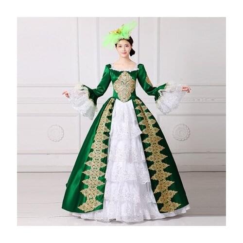 Green white ruffled golden embroidery ball gown cartoon vintage medieval dress Renaissance princess fairy costume Victoria dress